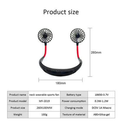 Hand Free Sports Dual Fan Portable Neck Band Hanging USB Battery Rechargeable Mini Cooler Fan