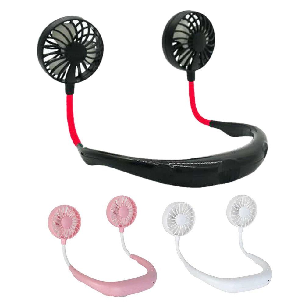 Hand Free Sports Dual Fan Portable Neck Band Hanging USB Battery Rechargeable Mini Cooler Fan